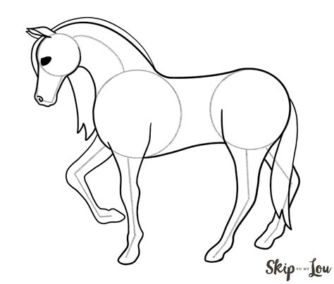 Connect both of the shapes with a neck. Erase the inside lines and add two horse ears and a face. Draw the mane over the neck. Erase the inside line and add two a front leg and a back leg with hooves. Erase the inside lines and add two more legs. Draw a tail and add a background. Trace the drawing with marker and color with crayons.